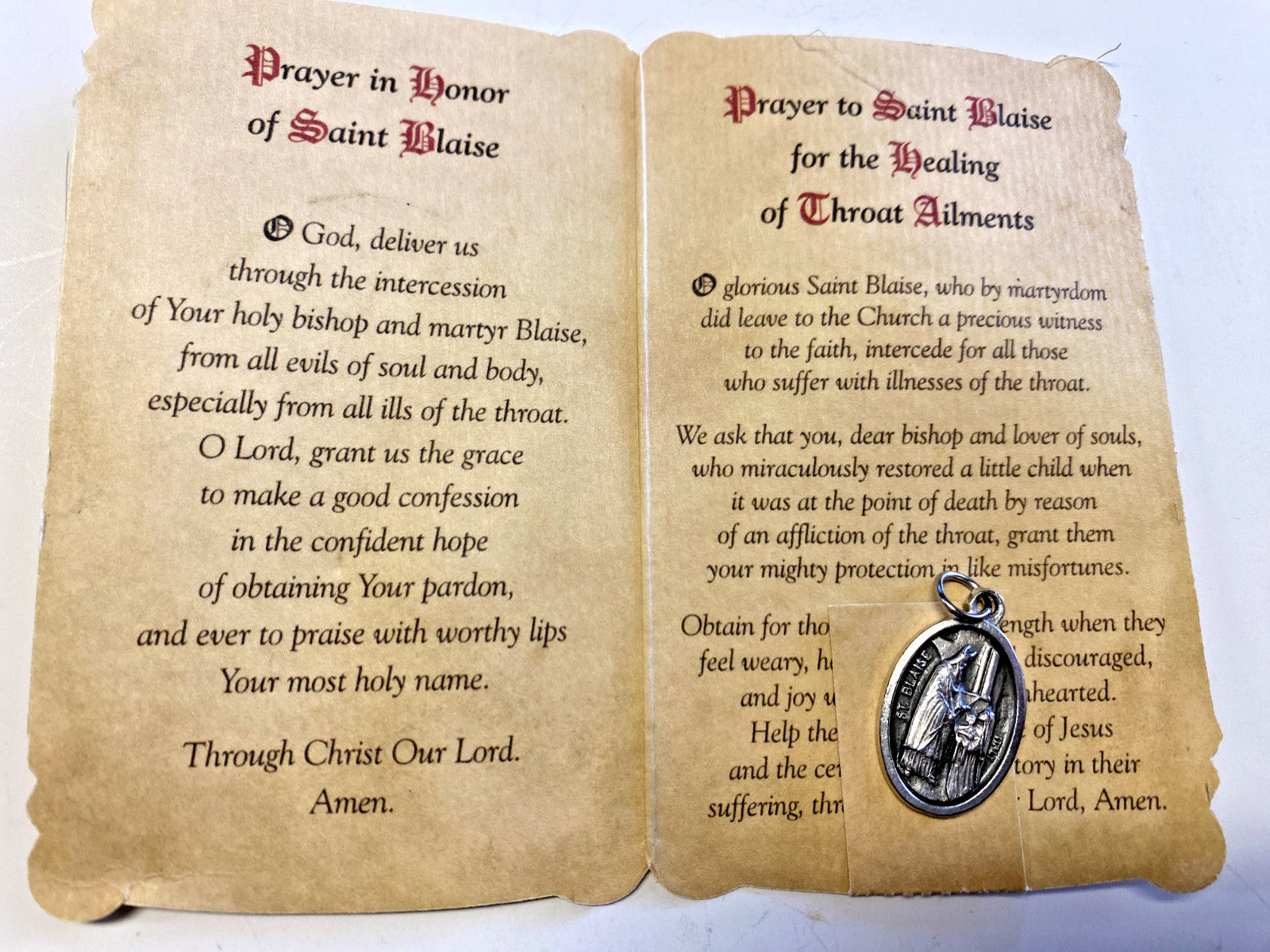 Saint Blaise "Patron Saint of Throat Ailments" Prayer Card + Medal, New - Journeys of Faith