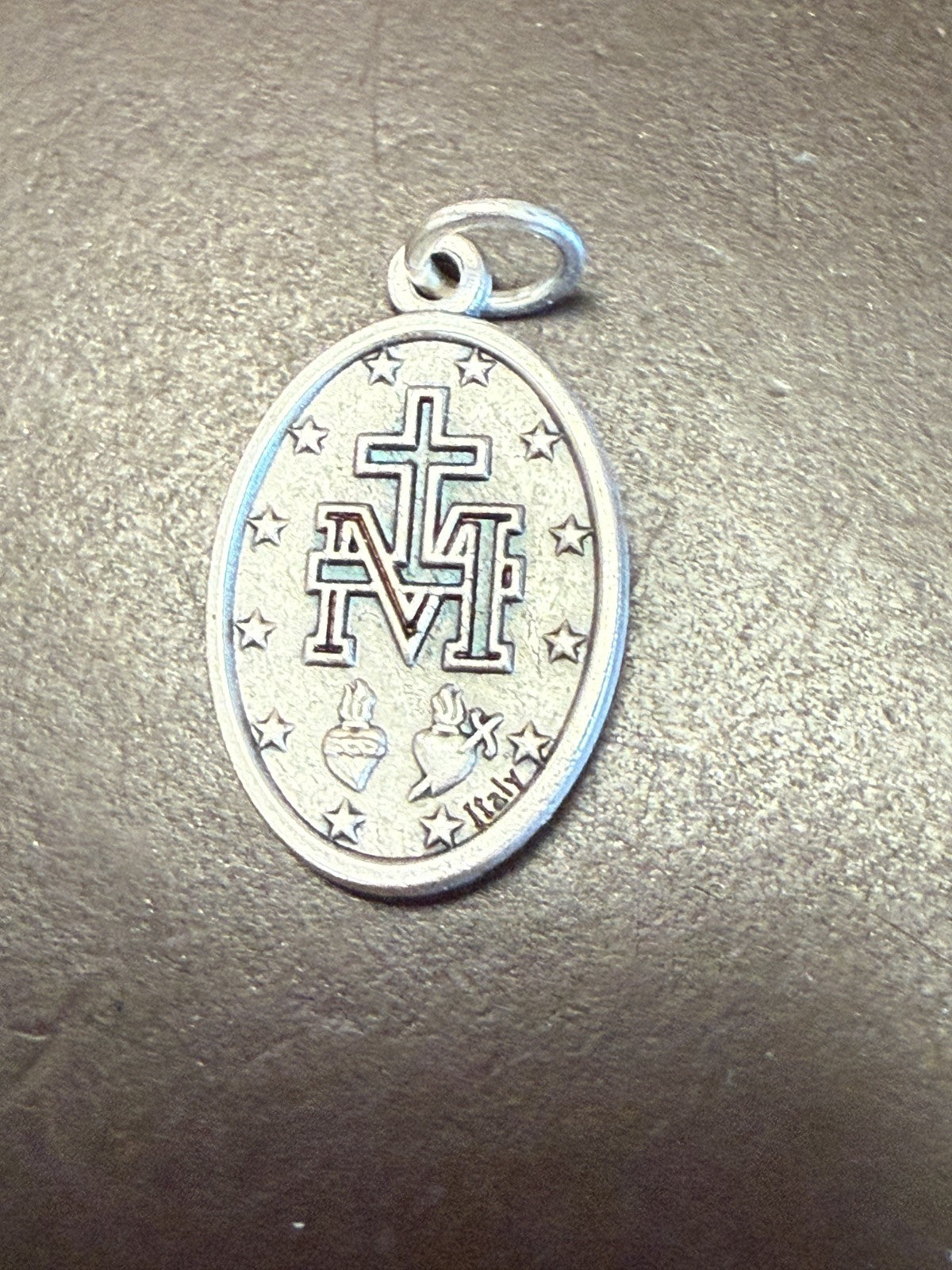 Silver tone Our Lady of the Miraculous 1-inch medal, Christian religious jewelry from Italy, with detailed Marian image.