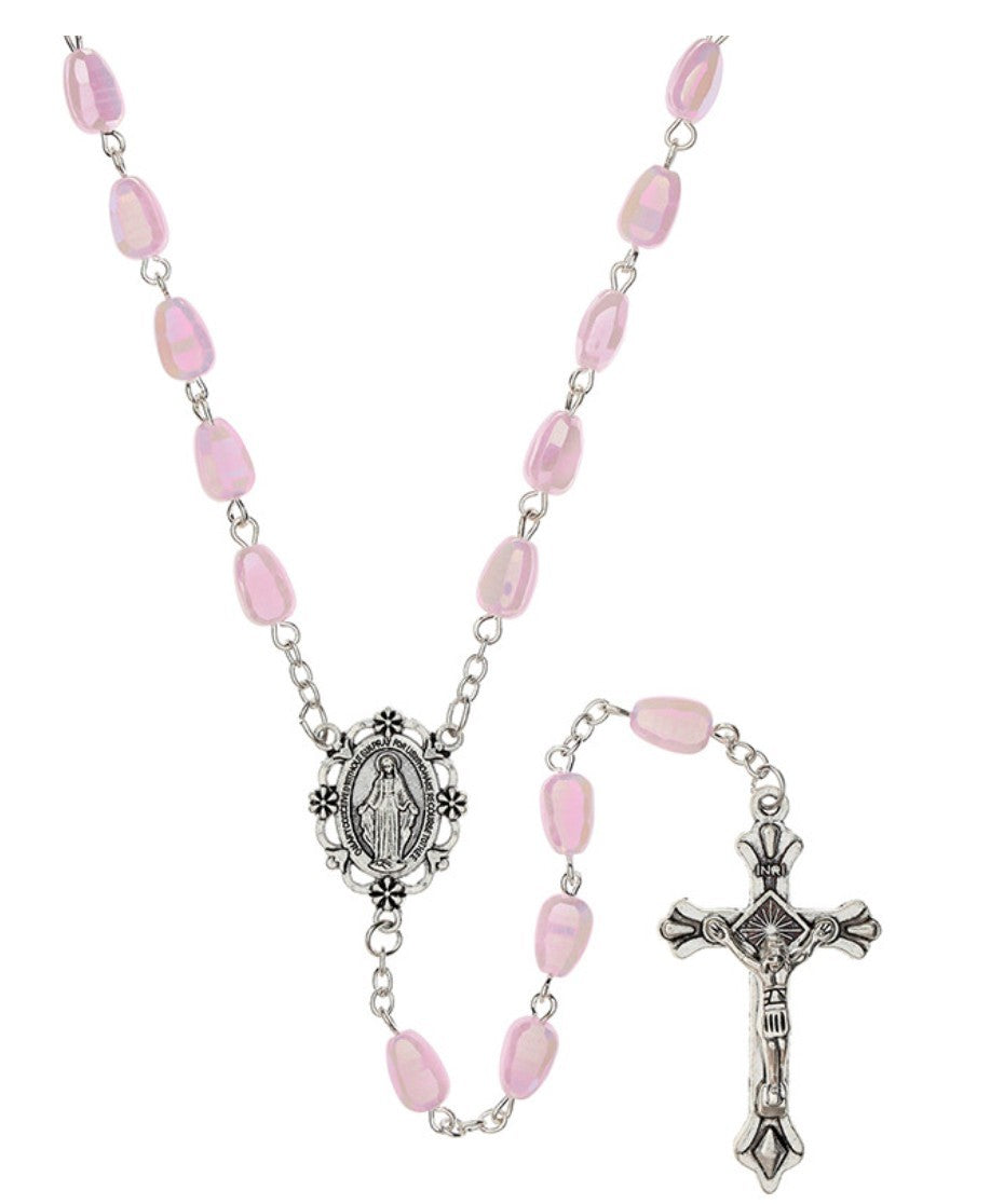 Iridescent Pink Crystal Miraculous Medal Rosary, New Gftshp-158