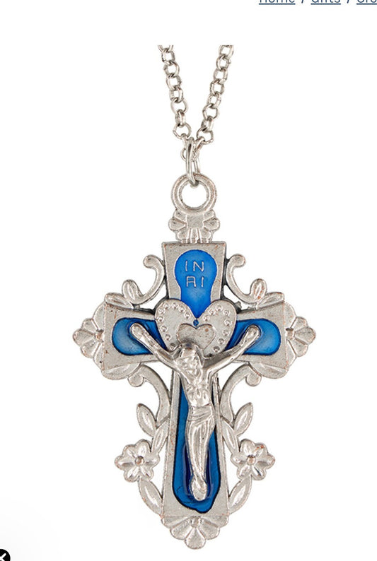 Blue Heart Crucifix Necklace, New #AB-24-2 - Journeys of Faith