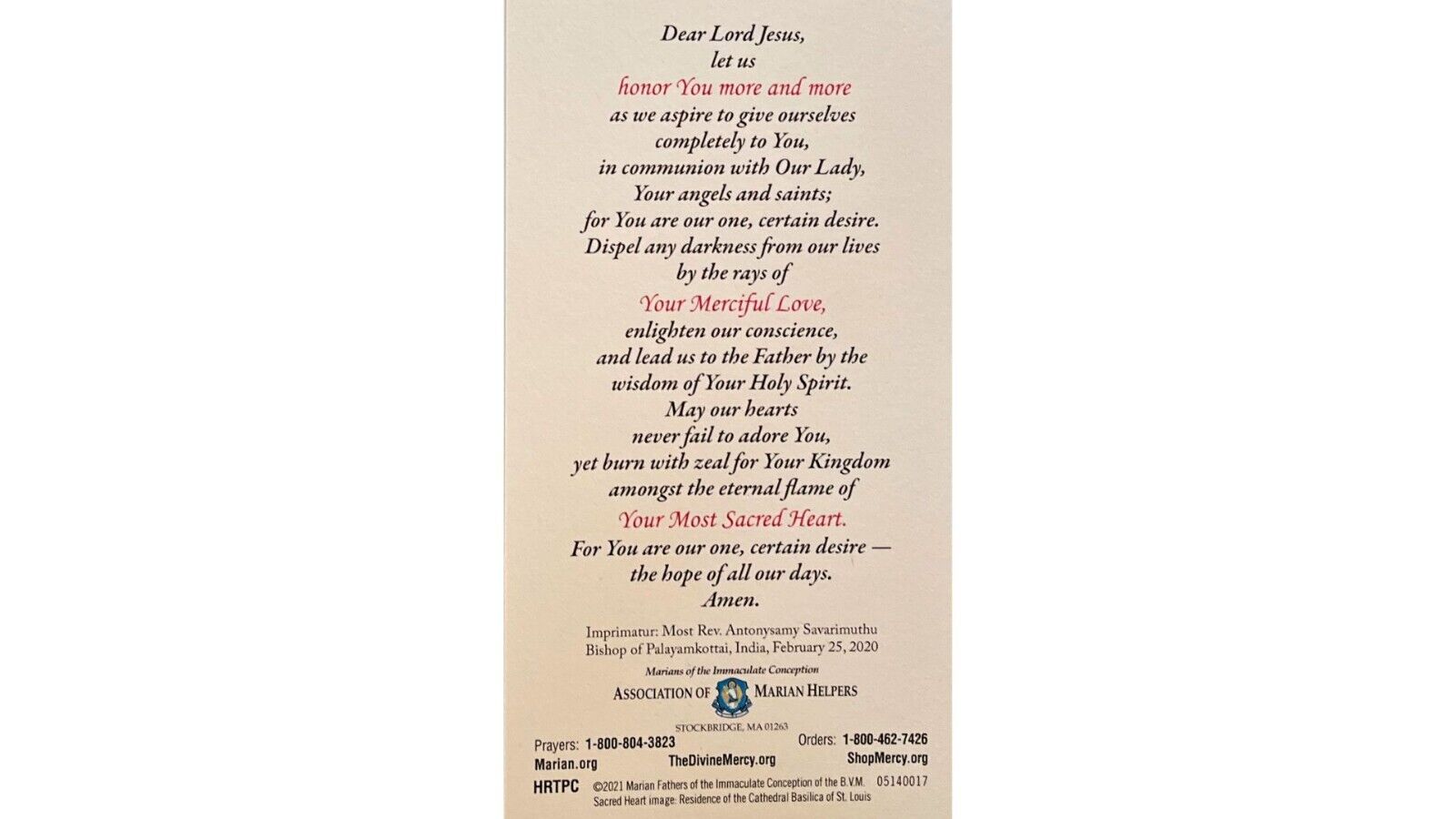 Sacred Heart of Jesus Prayer Card 5 Pack - Bob and Penny Lord