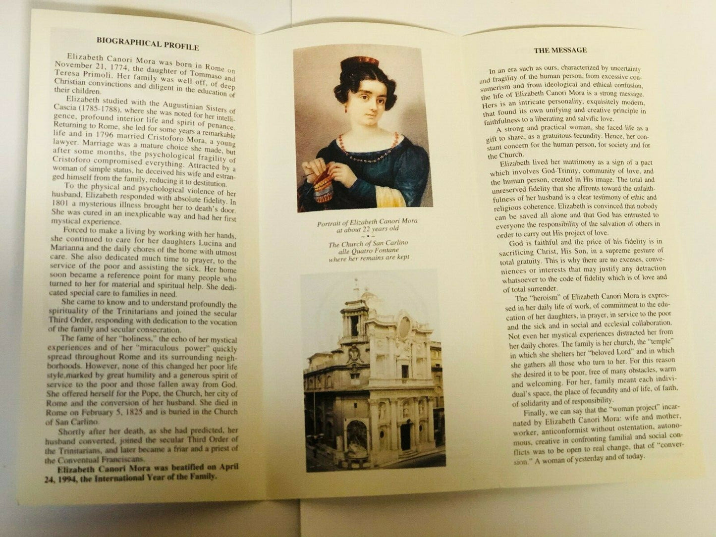 Blessed Elizabeth Canori Mora biography with prayer, Christian holy card from Bob and Penny Lord, featuring religious imagery.