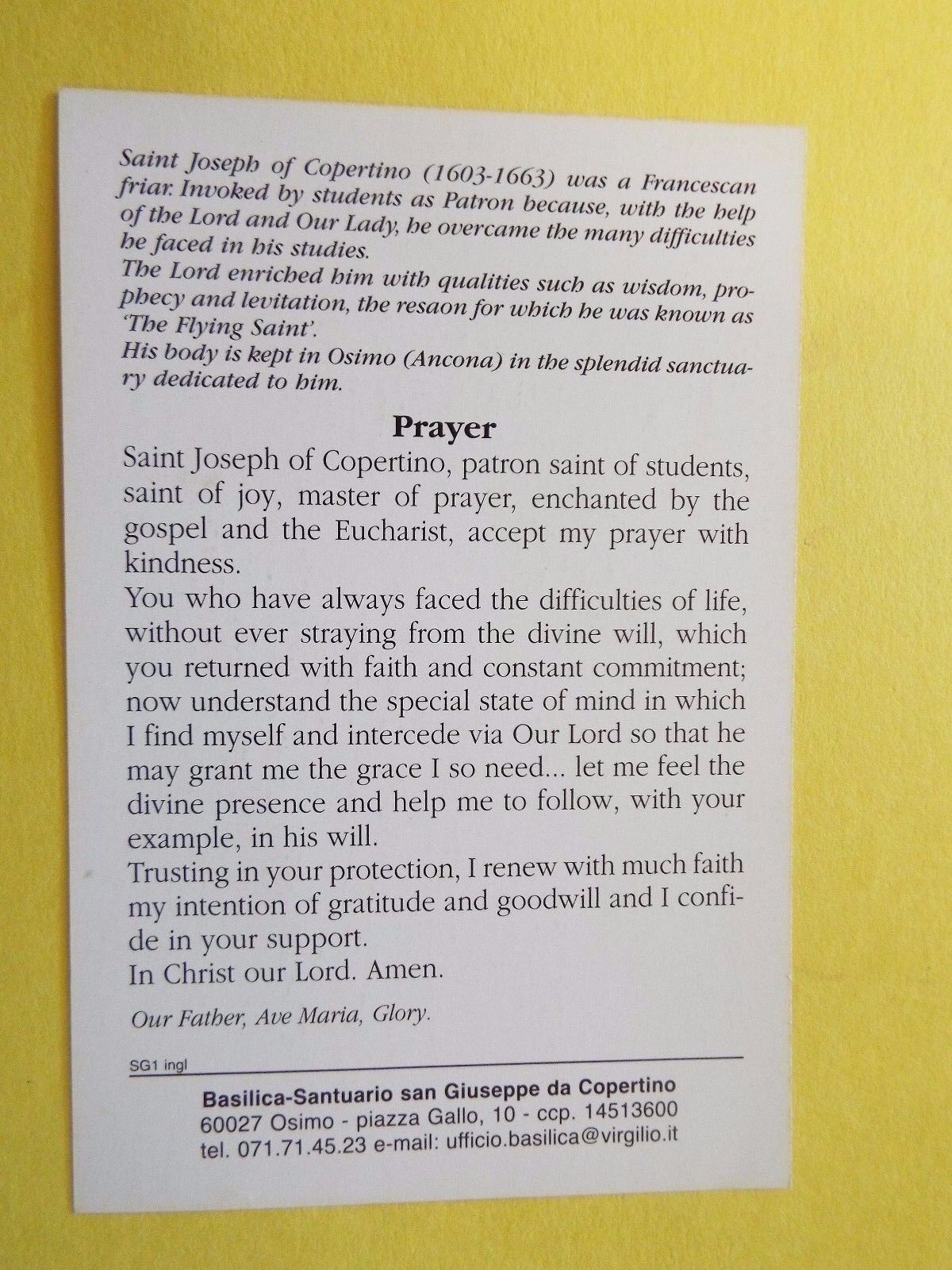 Saint Joseph of Cupertino (Patron of Students) Prayer Card, New from Italy #3 - Bob and Penny Lord