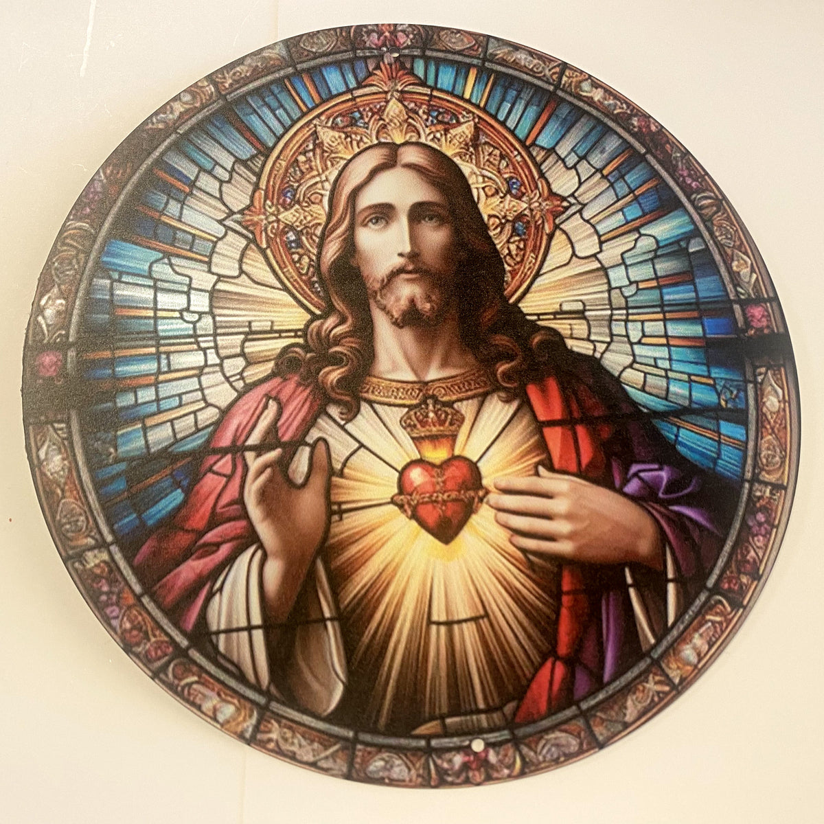 Aluminum 8-inch round image of Sacred Heart of Jesus by Bob and Penny Lord, religious Christian collectibles, detailed spiritual artwork.