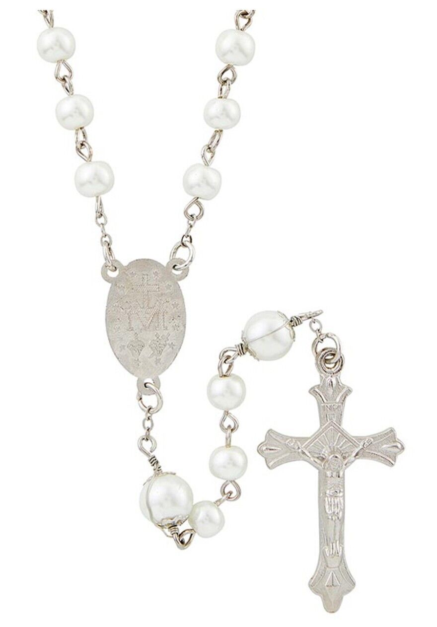 White Mother of Pearl Faux Rosary, New #AB-94 - Journeys of Faith