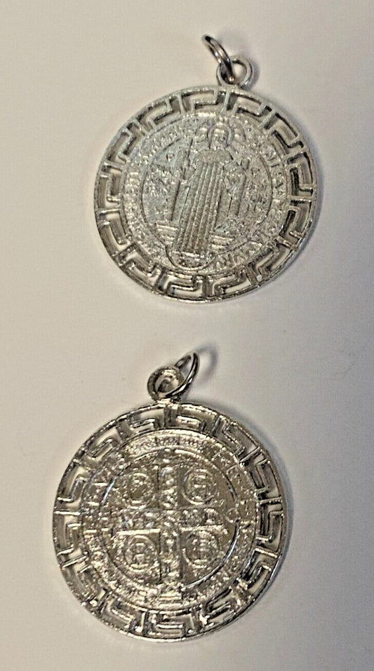 Silver tone Saint Benedict laser-etched medal, 1 inch diameter, Christian religious collectible by Bob and Penny Lord.