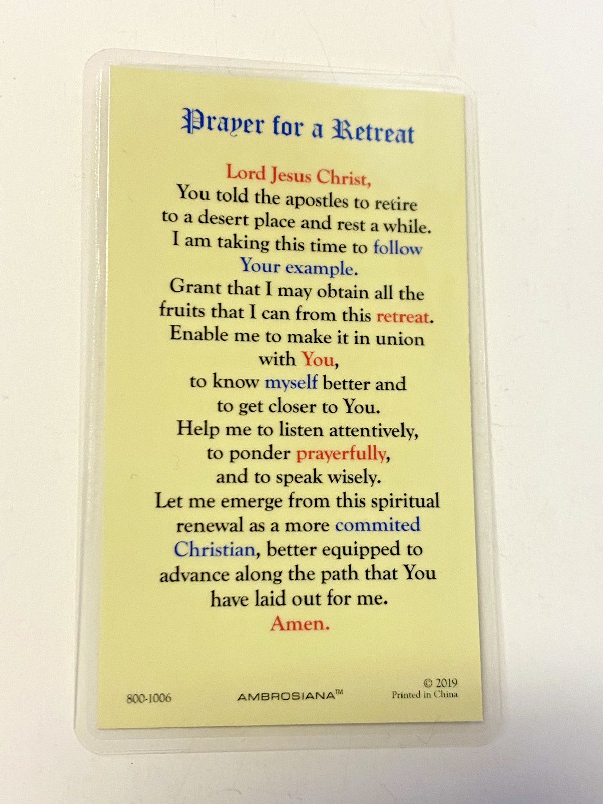 Jesus Christ/"Prayer for Retreat " Laminated Prayer Card, New #PCL-21