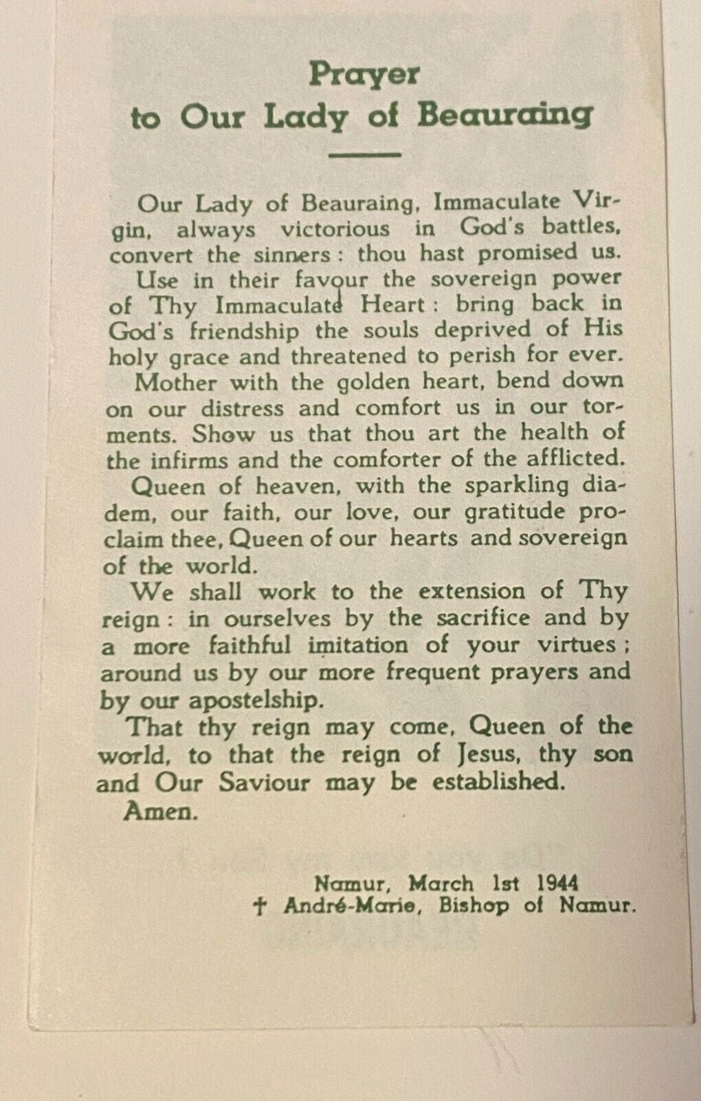 Our Lady of Beauraing prayer card from Belgium, Christian holy card featuring religious imagery, by Bob and Penny Lord.
