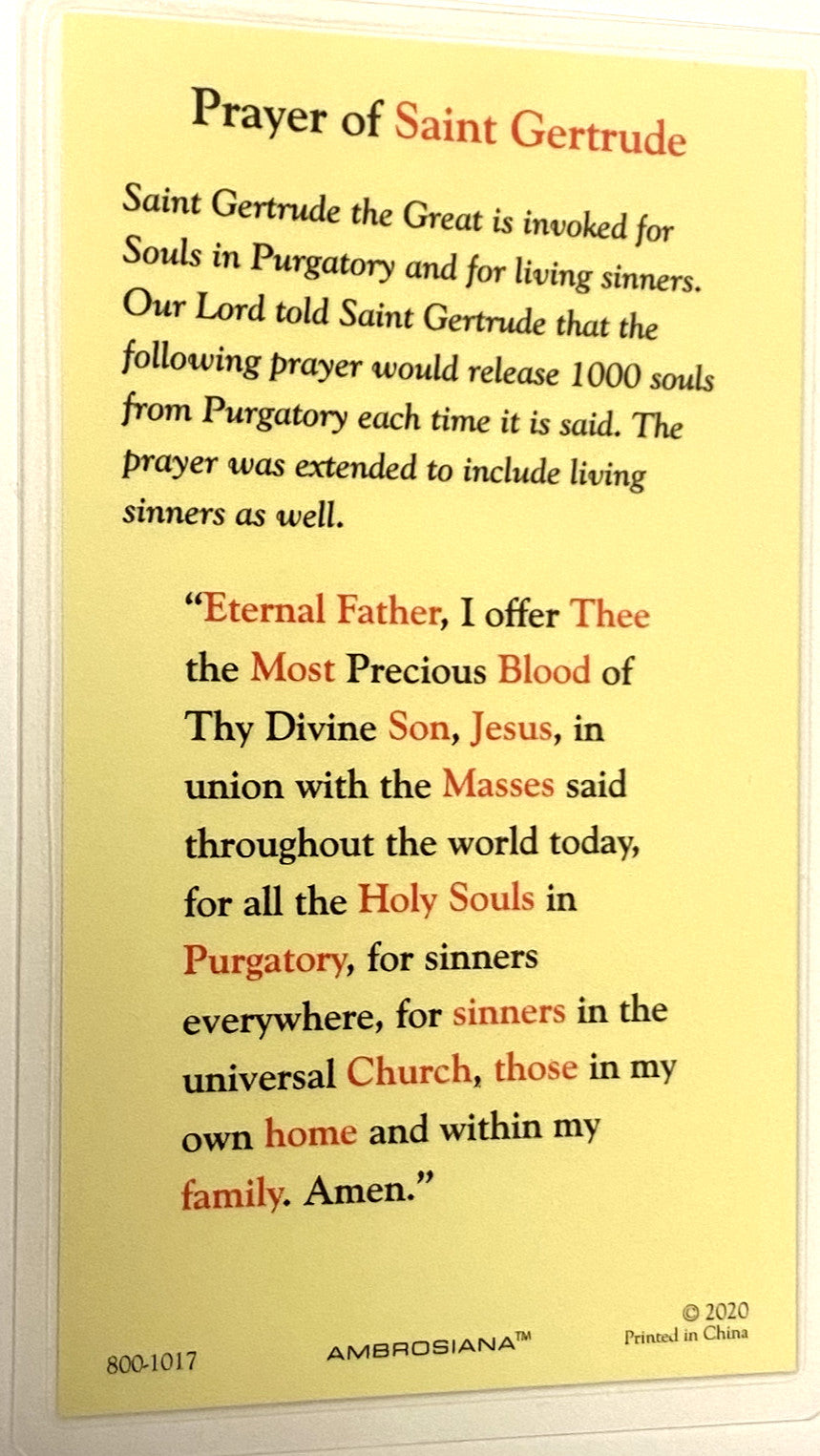 Saint Gertrude "Prayer for Souls in Purgatory" Laminated , New #PCL-07