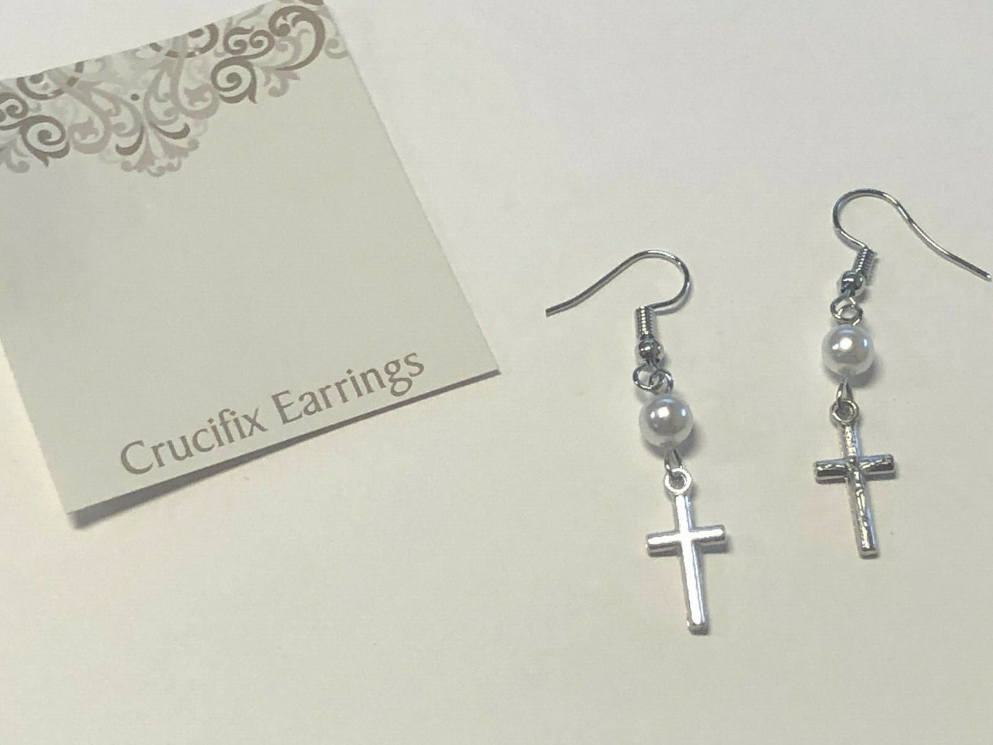 Crucifix & Faux Pearl Earrings, Silvertone, New