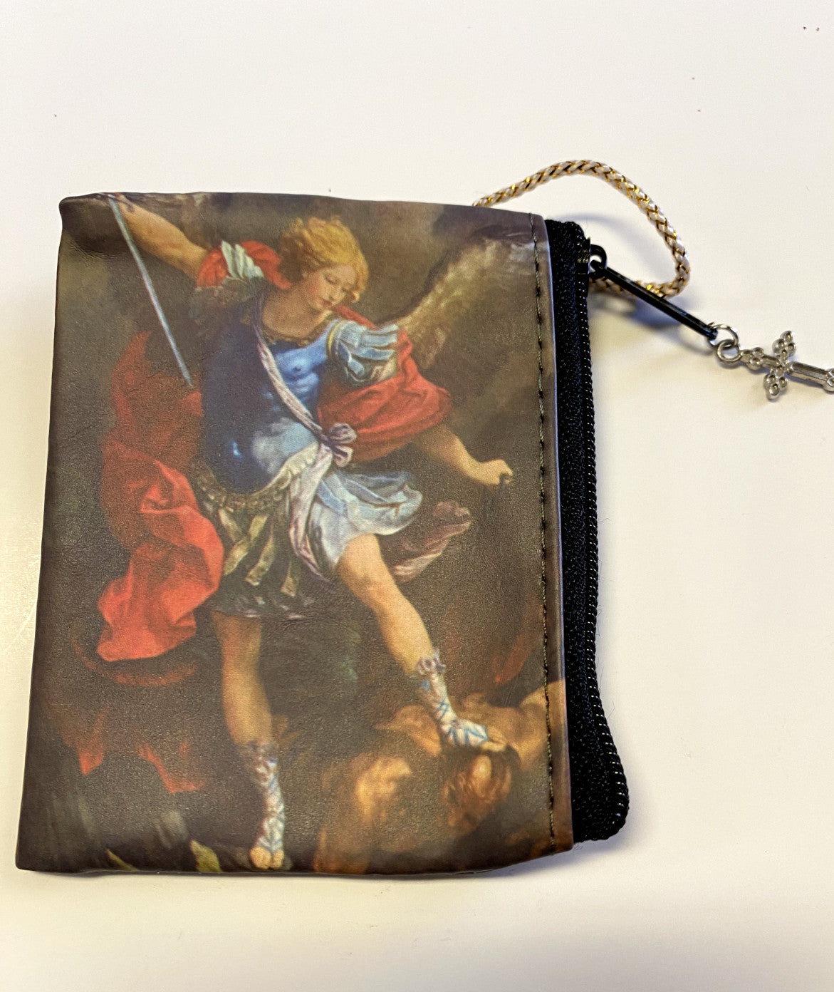 Small Saint Michael the Archangel rosary pouch with 3.25-inch size, designed for women’s bags and accessories.