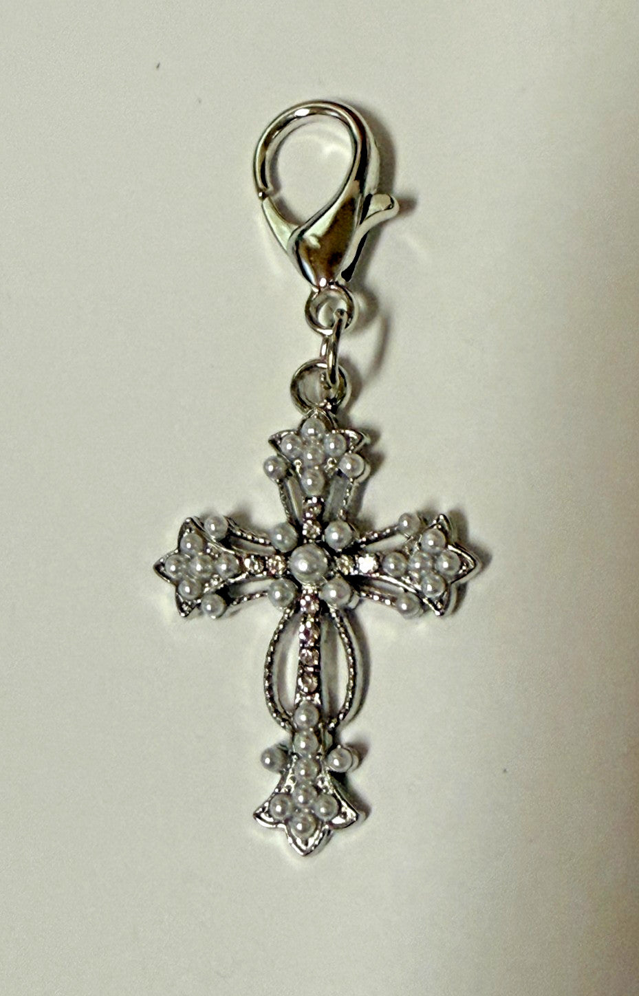 Imitation Pearl + Crystal Cross Devotional Clip, New #Gftshp-133 - Journeys of Faith
