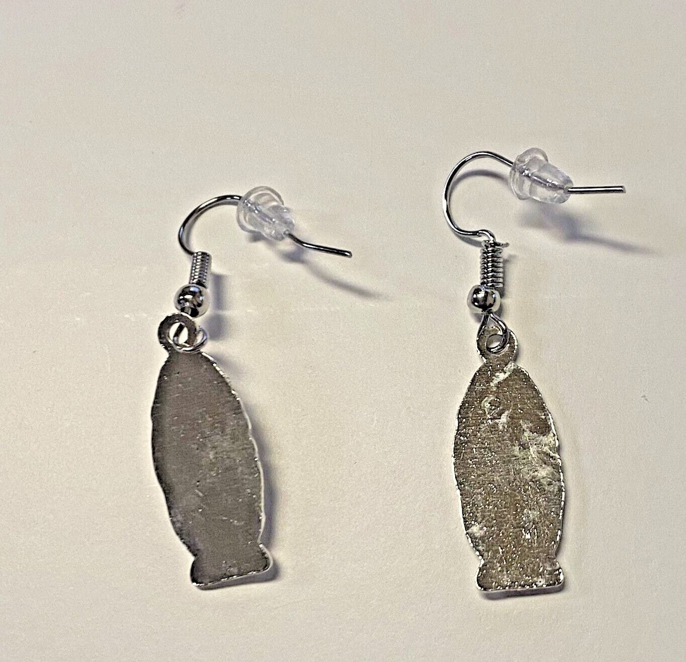 Our Lady of Guadalupe dangle earrings, 1.50 inches, featuring religious jewelry design with detailed icon imagery.