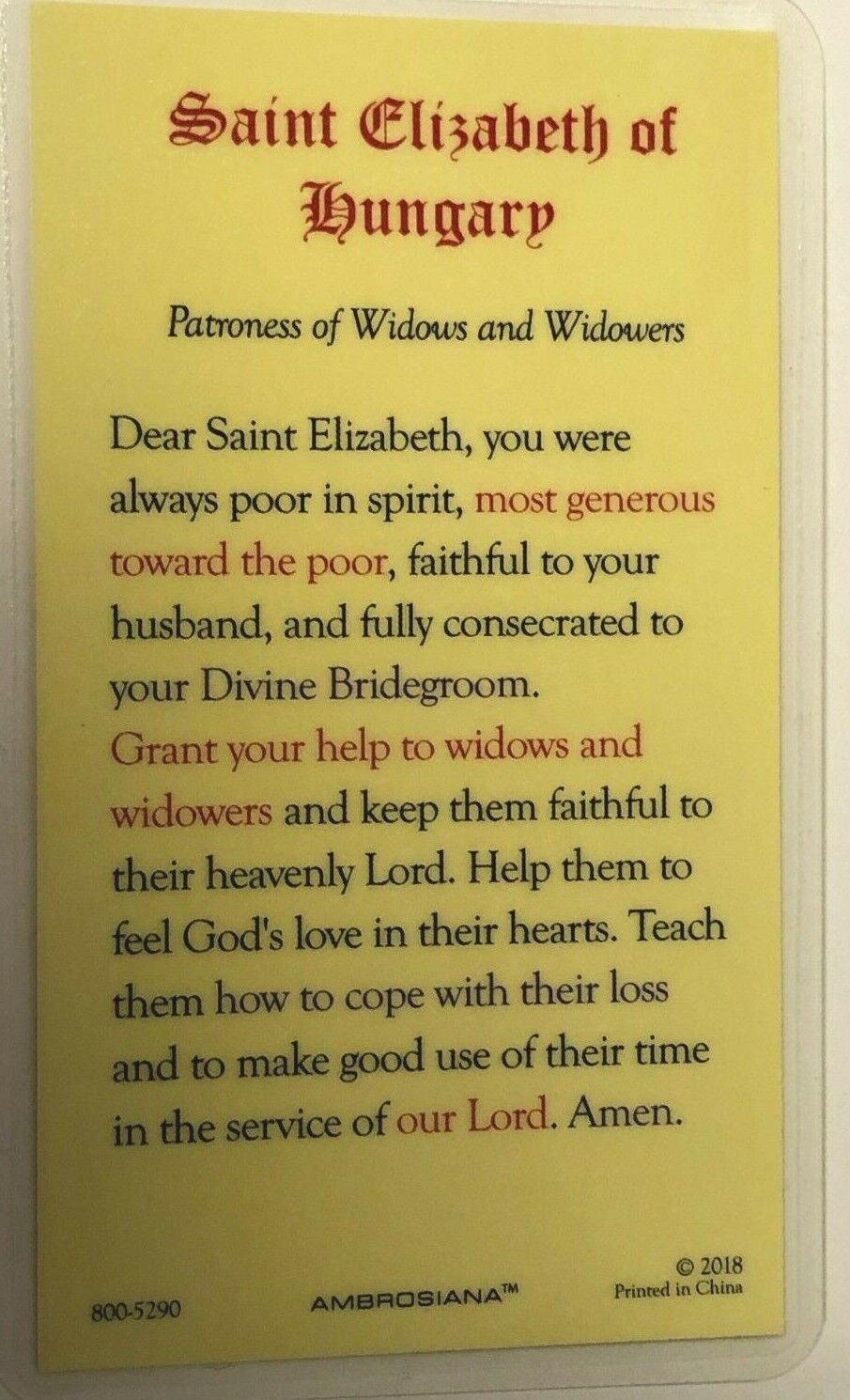 Saint  Elizabeth of Hungary,  Laminated Prayer Card, New