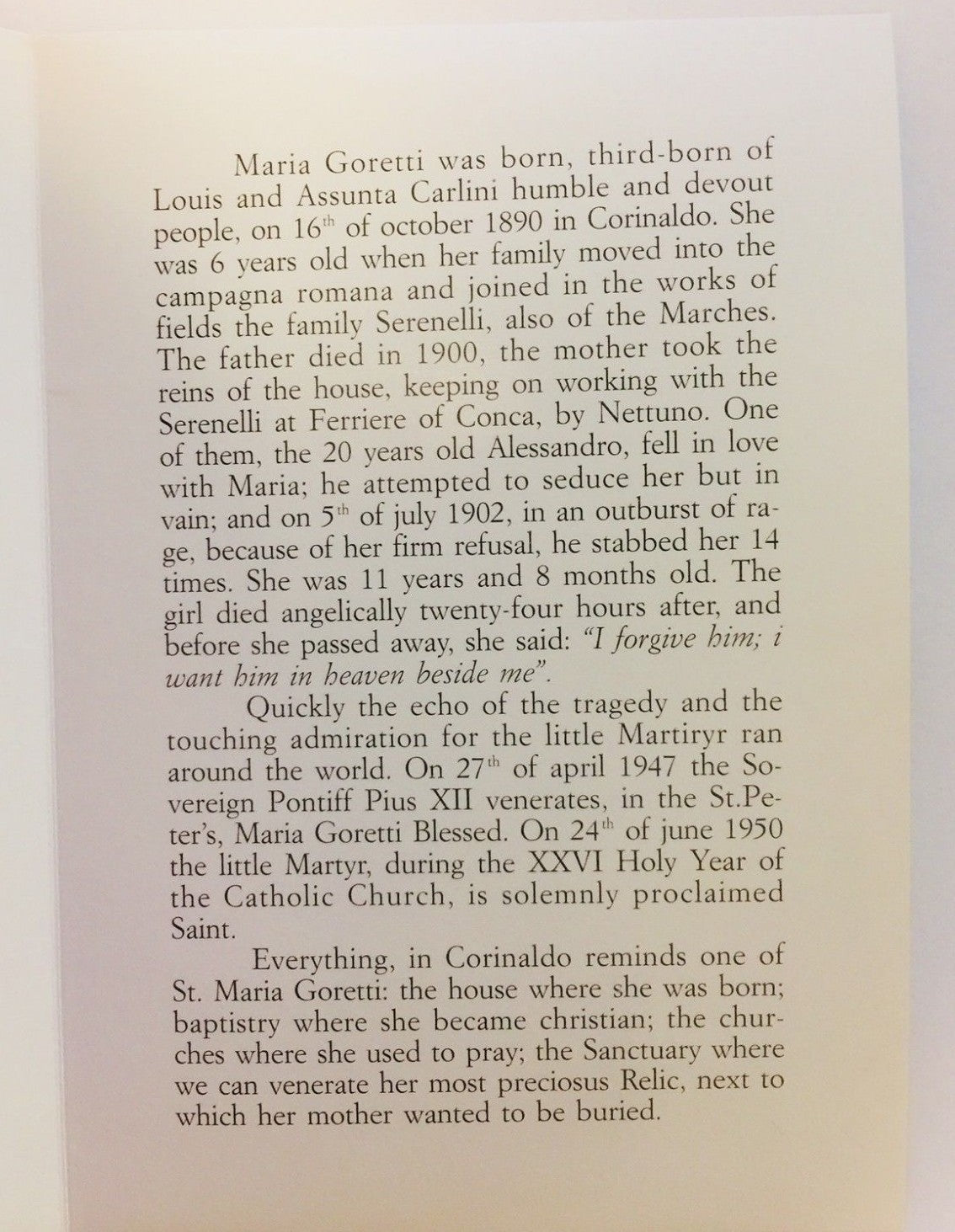 Saint Maria Goretti bio folder from Italy, featuring religious imagery and Christian artwork by Bob and Penny Lord.