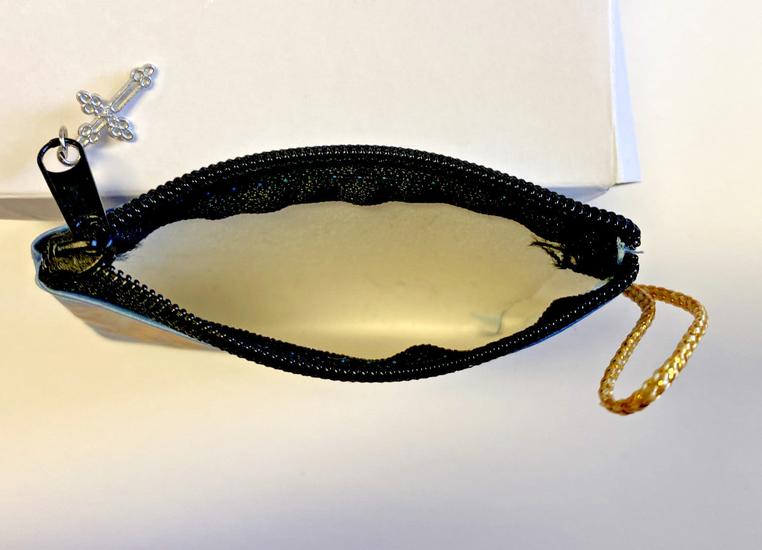 Small Our Lady of Guadalupe zip rosary pouch, 3.25-inch, made of fabric, ideal for women's bags and accessories.