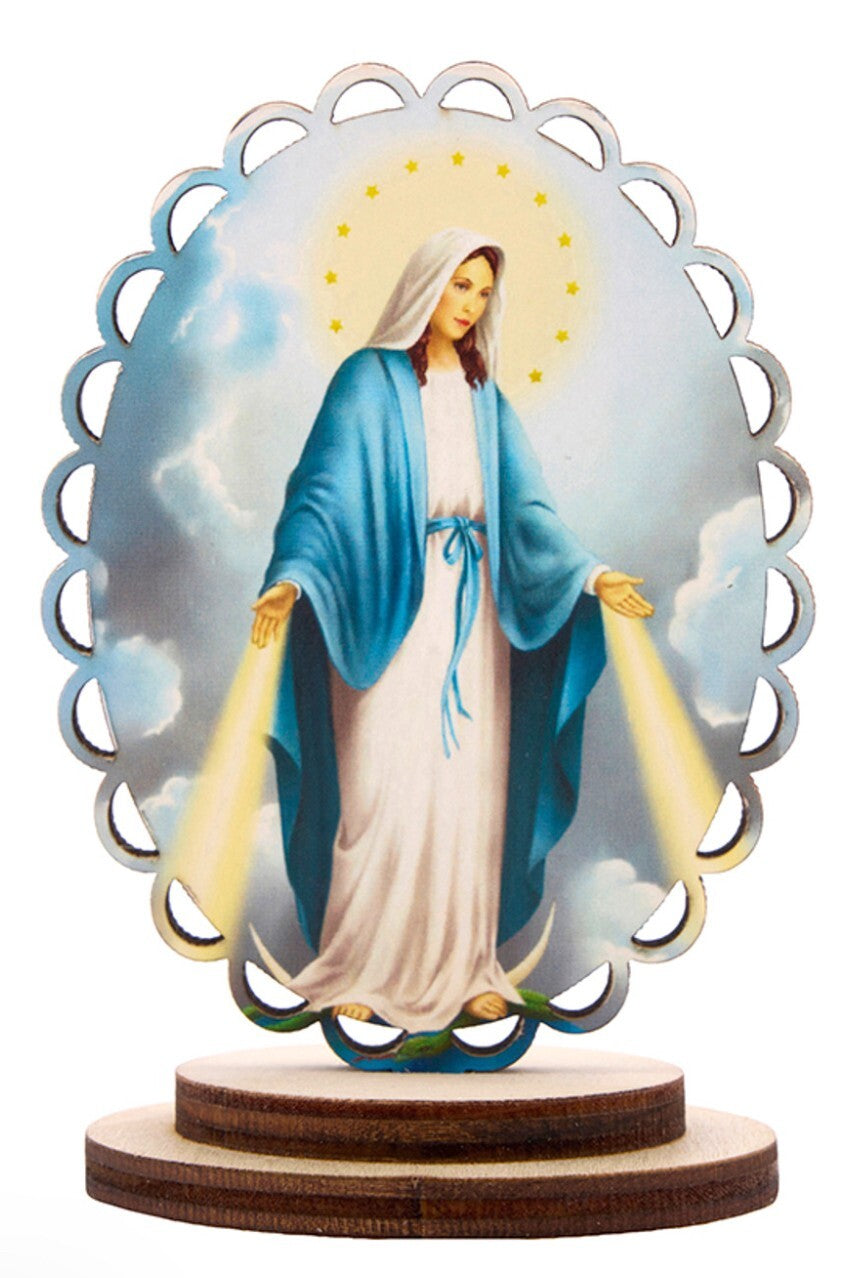 Wood image of Our Lady of Grace statue with scalloped edges, 3.5 inches tall, from Bob and Penny Lord's Christian collectibles collection.