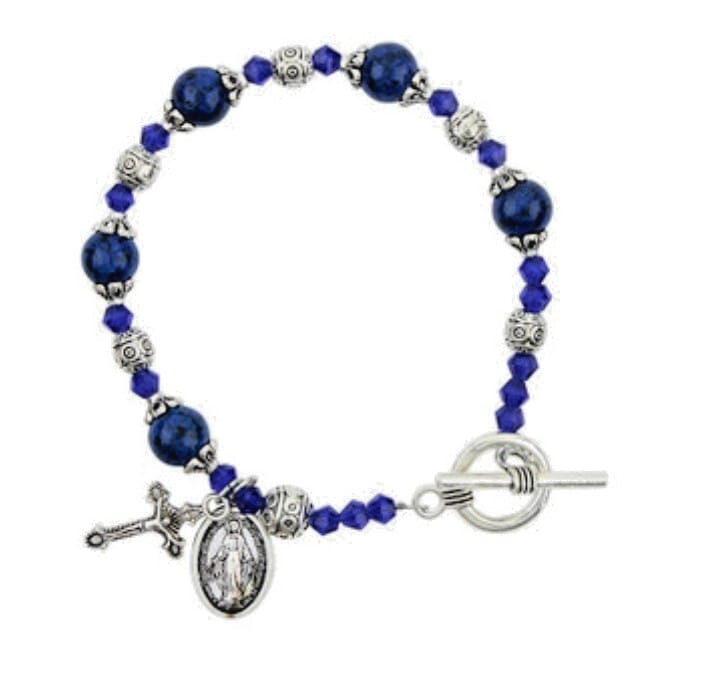 Miraculous Medal Sapphire Madonna del Parto bracelet with religious charms, crafted by Bob and Penny Lord Journeys of Faith.