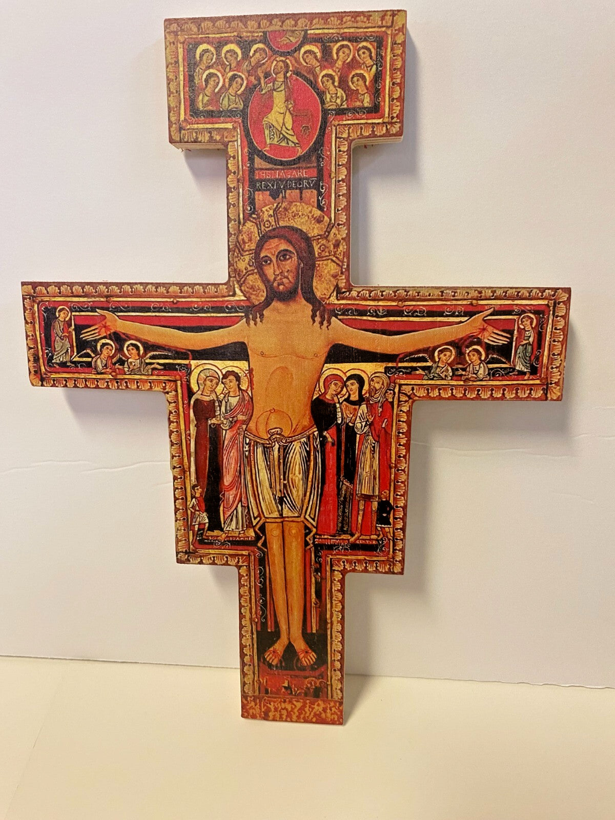 San Damiano wood 10-foot crucifix, collectible Christian cross with detailed craftsmanship, crafted by Journeys of Faith.