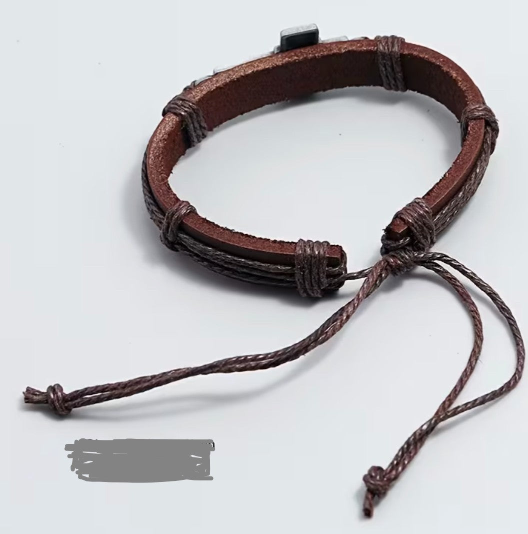 Cowhide Braided Cross Men's Brown Bracelet, New #Gftshp -218