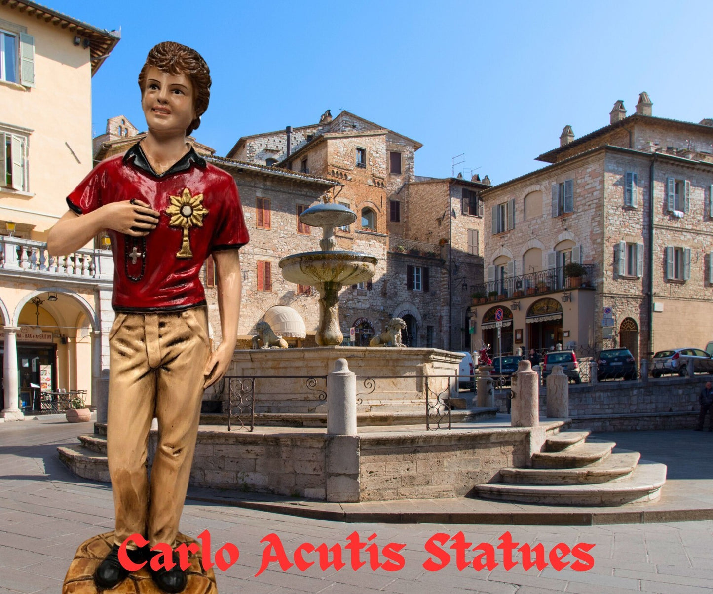 St Carlo Acutis Eucharist statue, 10.5-inch Christian religious figure by Bob and Penny Lord, depicting St Carlo in prayer.