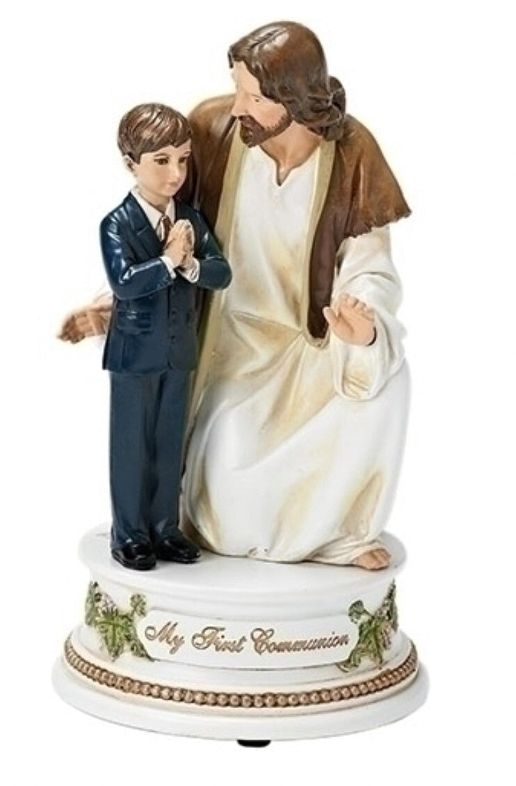 Roman Jesus with Boy Communion musical figurine, 7.25 inches, detailed sculpture in home decor setting