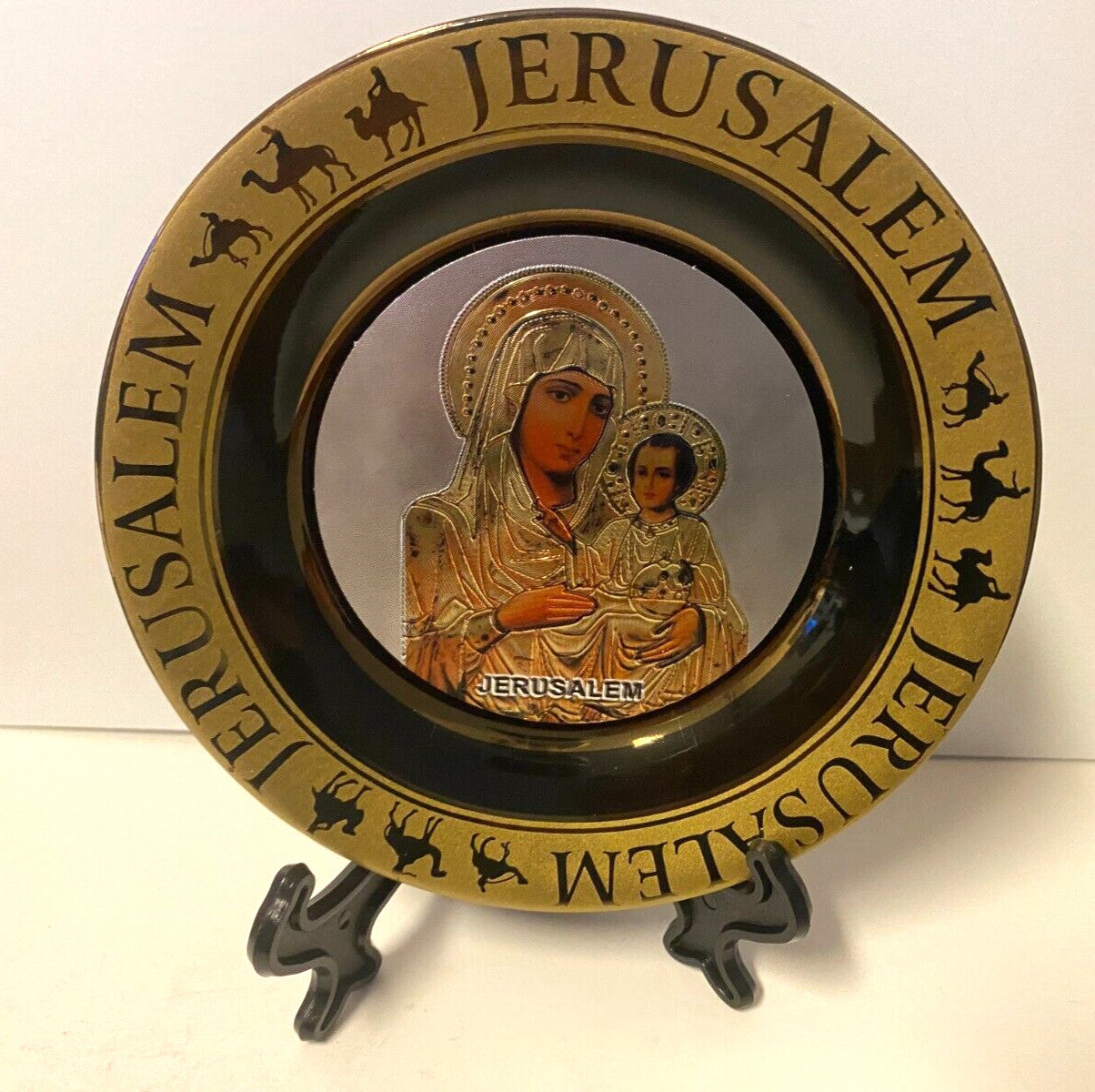 Ceramic plate featuring Virgin Mary with Child, 4.75-inch diameter, from Jerusalem, Christian religious collectible by Journeys of Faith.