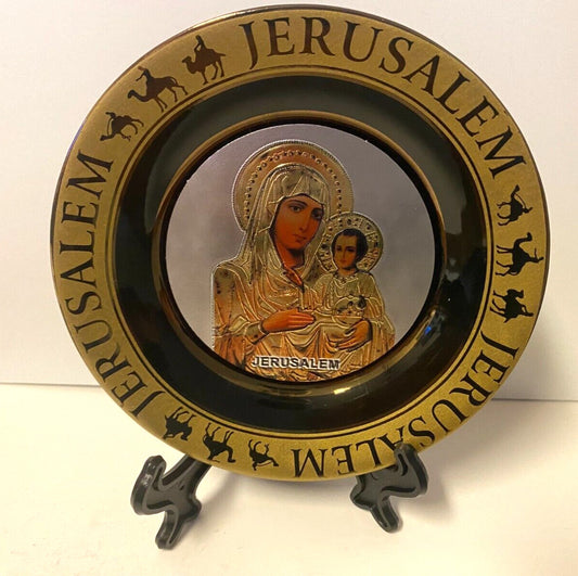 Ceramic plate featuring Virgin Mary with Child, 4.75-inch diameter, from Jerusalem, Christian religious collectible by Journeys of Faith.