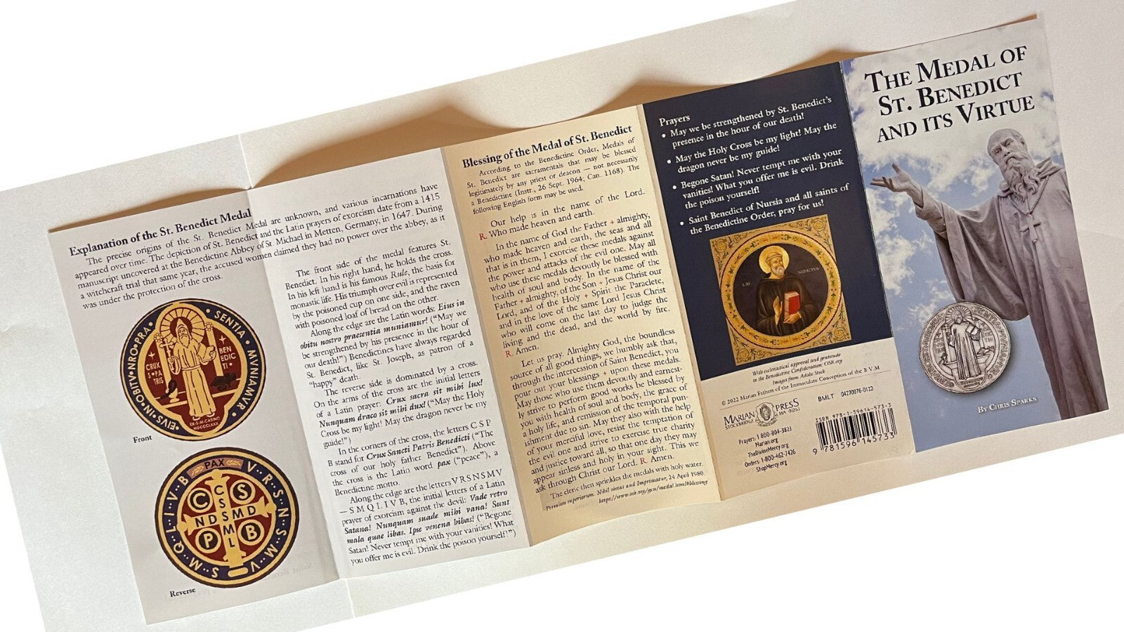Set of five Holy Cards featuring Saint Benedict medals and virtues, Christian religious collectibles by Bob and Penny Lord.