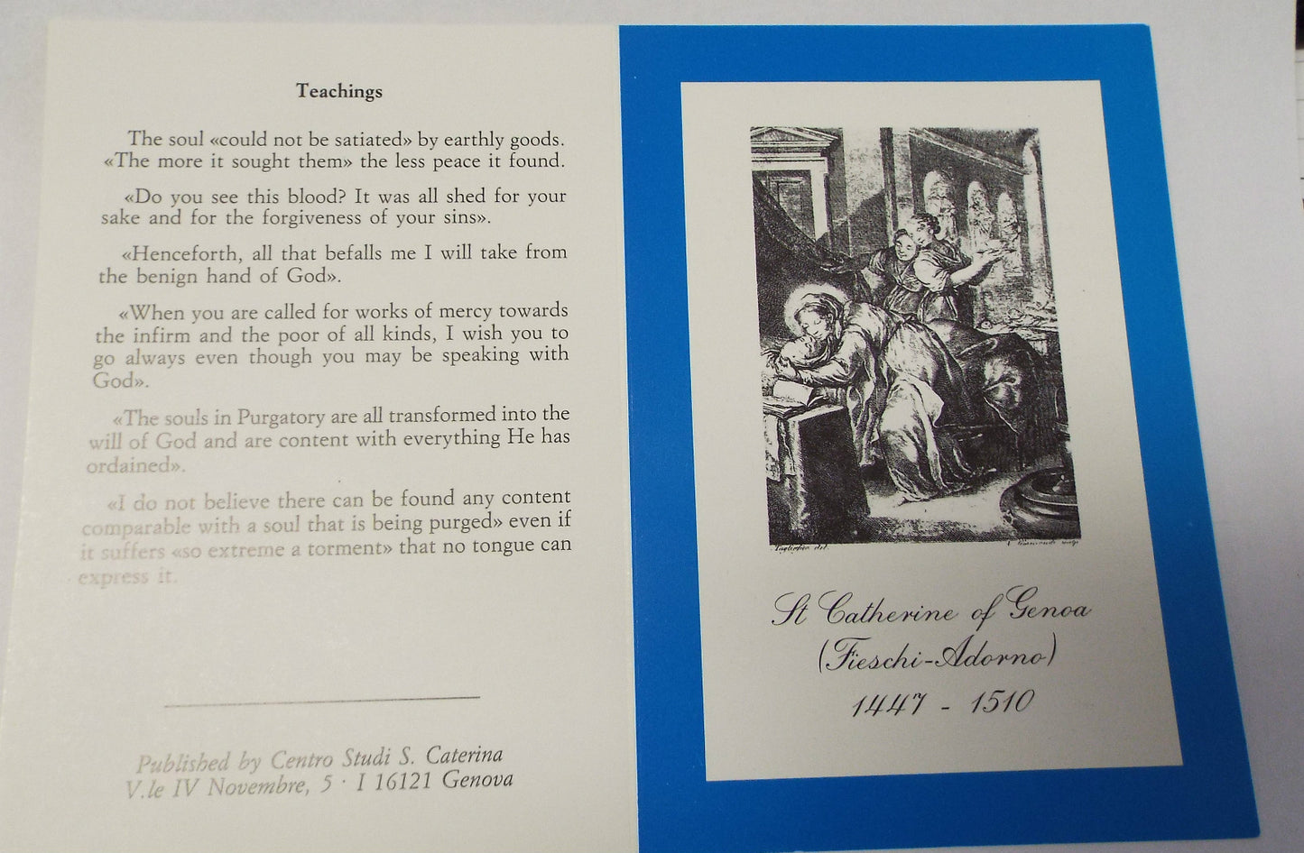 Saint Catherine of Genoa prayer and teachings folder from Italy, featuring religious imagery and informative content by Bob and Penny Lord.