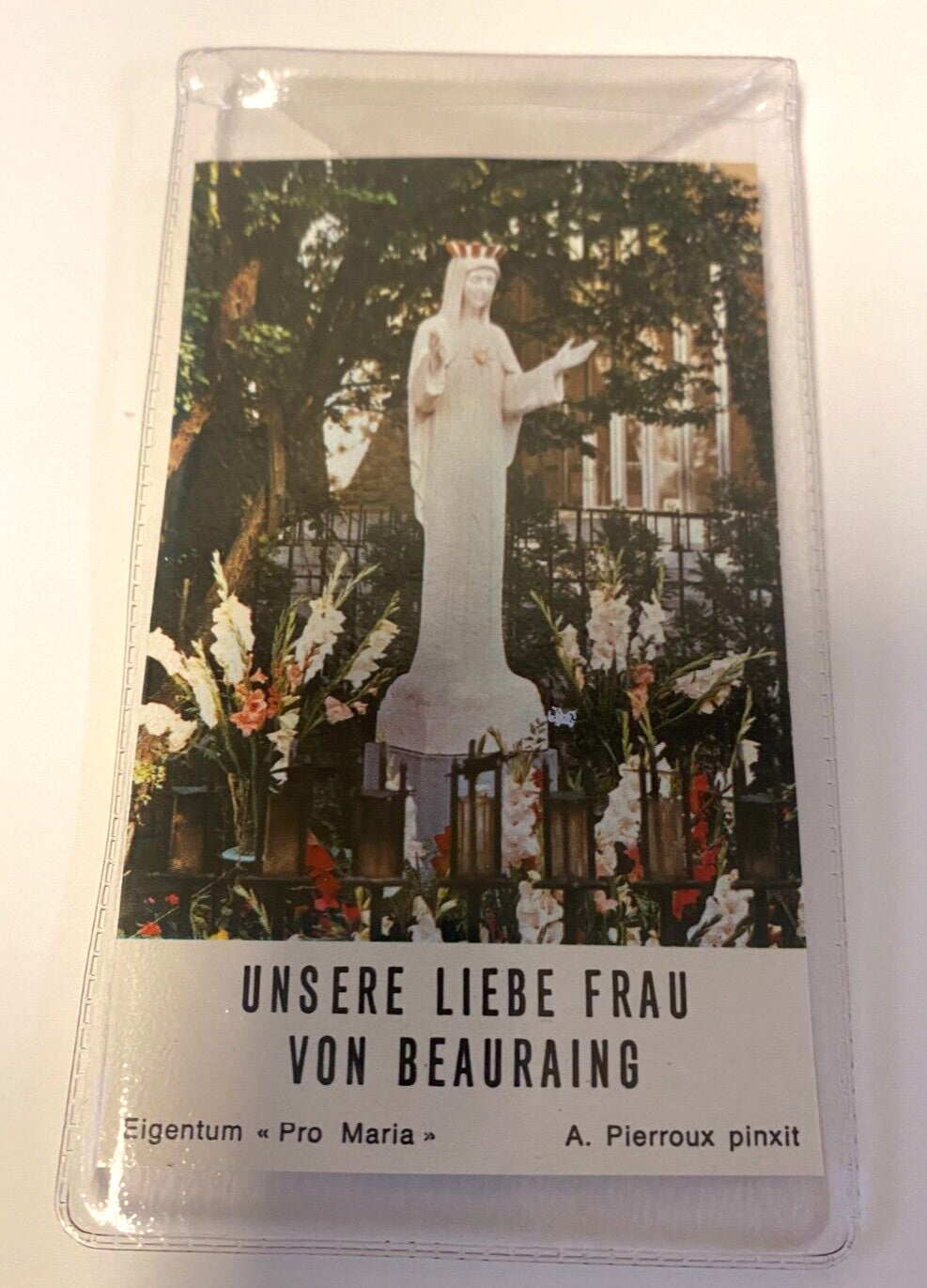 Vintage Our Lady of Beauraing prayer card in German by Bob and Penny Lord, featuring religious imagery from Belgium.