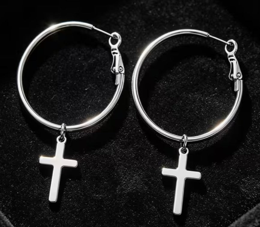 Cross  1" Dangle Hoop Silvertone Earrings, New #Gftshp-250
