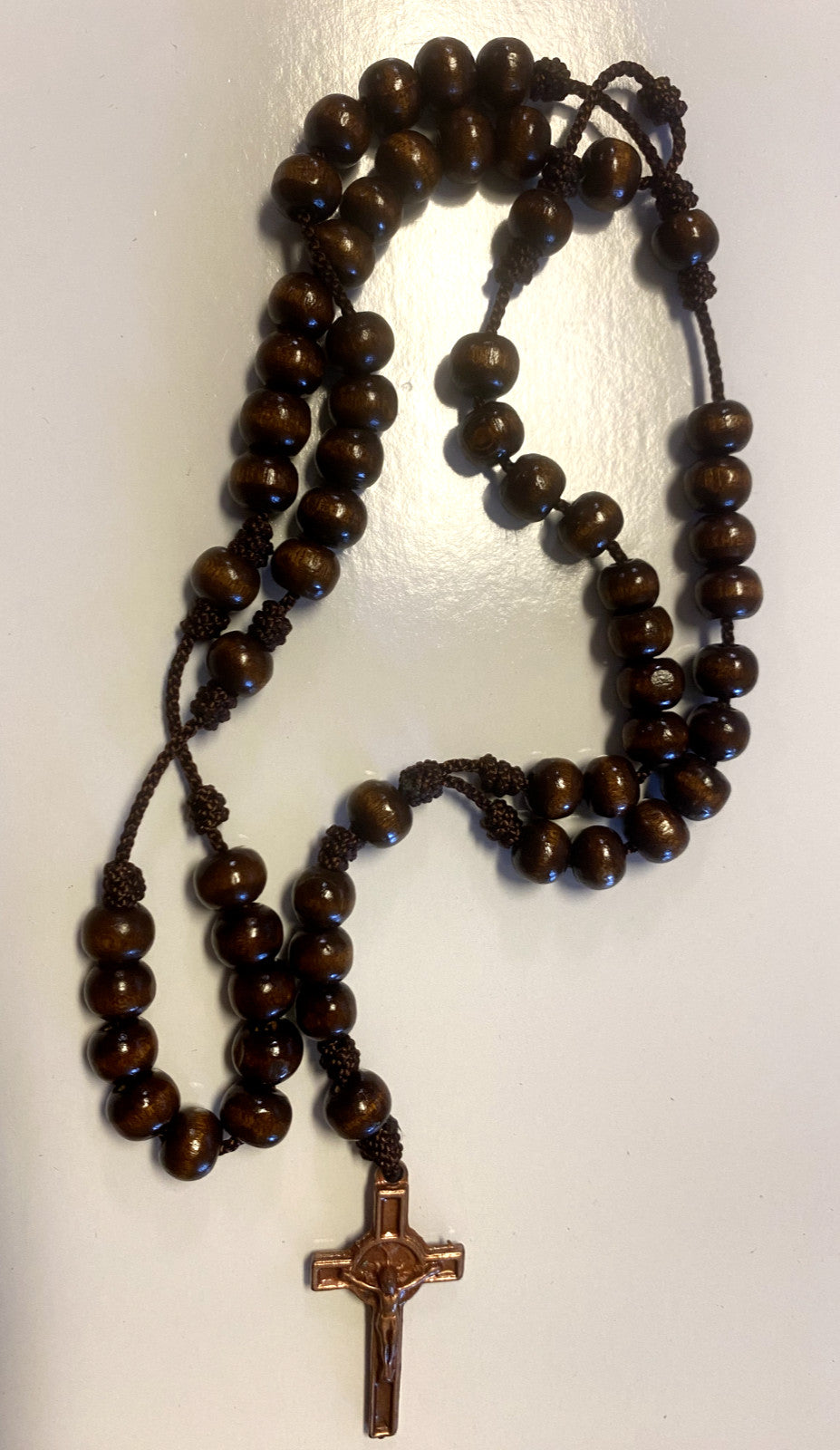 Wood rosary box with Saint Anthony of Padua figurine and rosary beads, handcrafted from Colombia by Bob and Penny Lord.