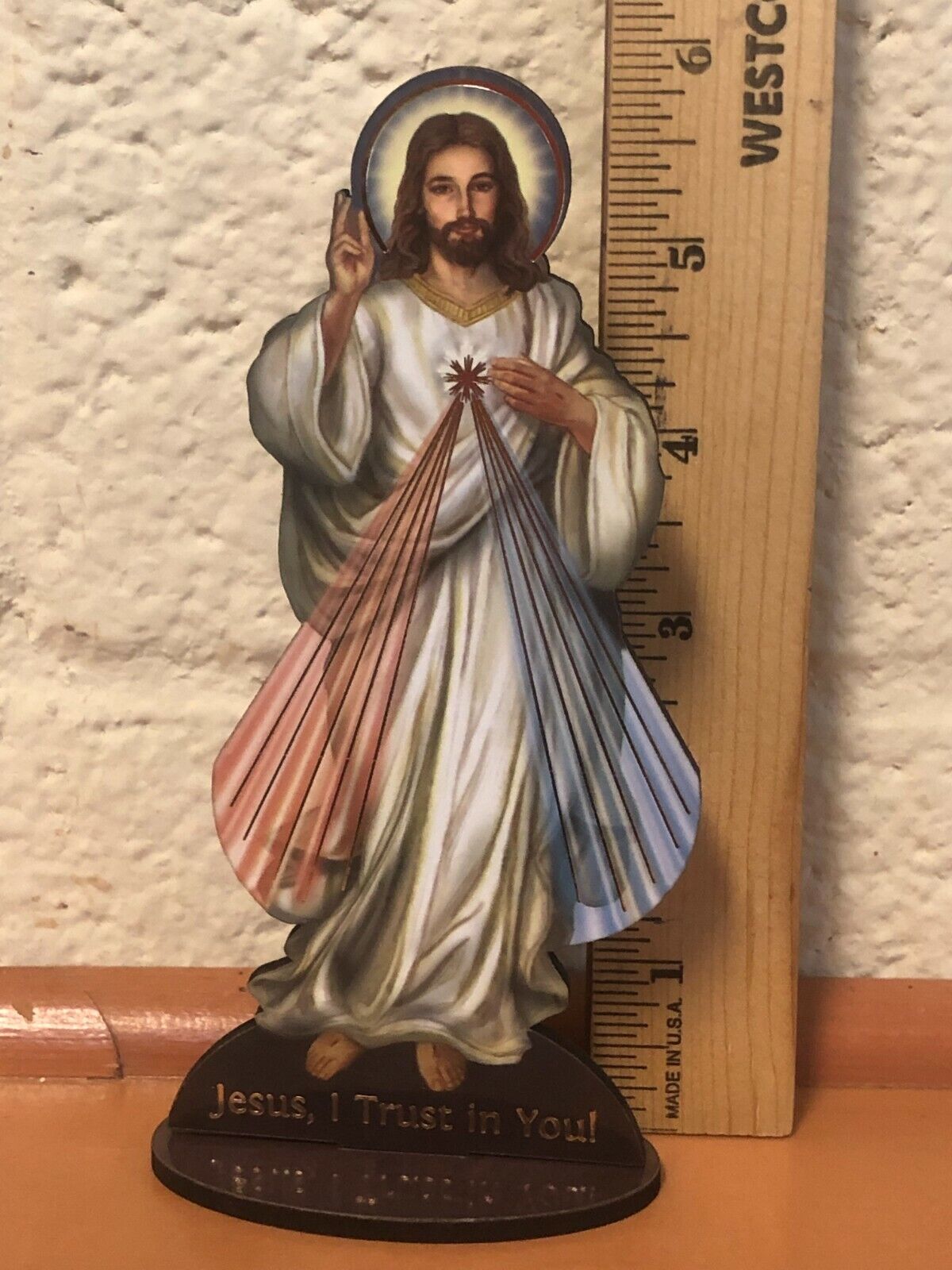 Divine Mercy  6" Laser Image on Thin Wood Statue, New #89