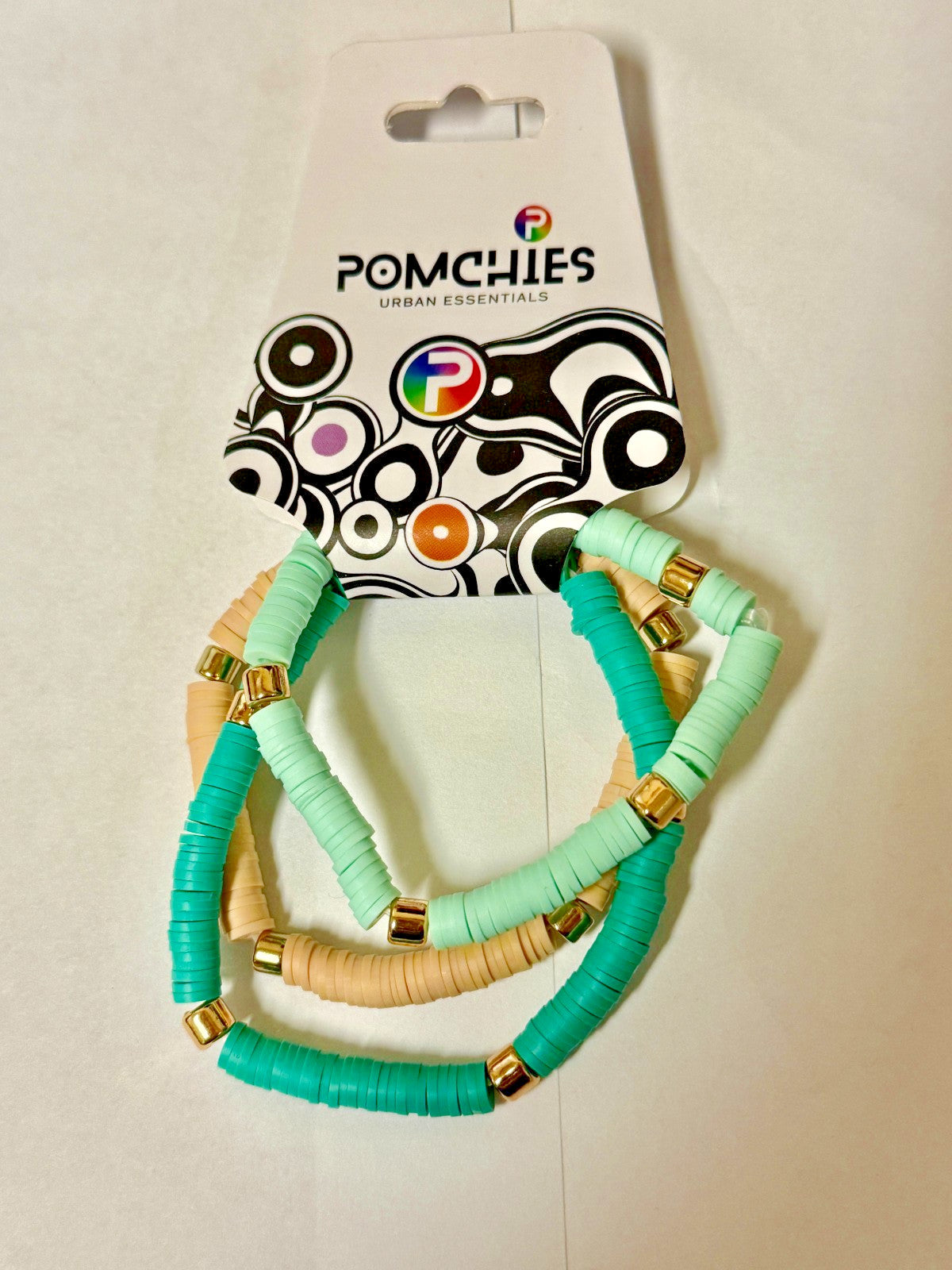 Pomchies Mint,Beige & Turquoise Clay Bead Bracelet, New #Gftshp-214