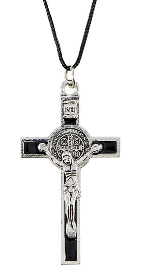 Black and silver Saint Benedict crucifix pendant on cord necklace, unbranded ethnic religious jewelry accessory.