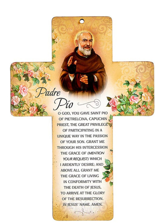 Wood Padre Pio 6-inch cross with prayer, Christian crucifix, featuring detailed craftsmanship and religious design.