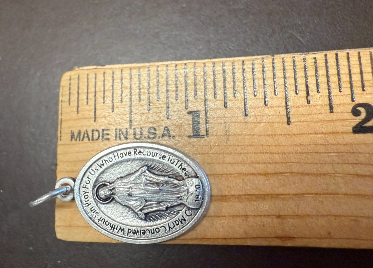 Silver tone Our Lady of the Miraculous 1-inch medal, Christian religious medal from Italy, featuring detailed Marian imagery.