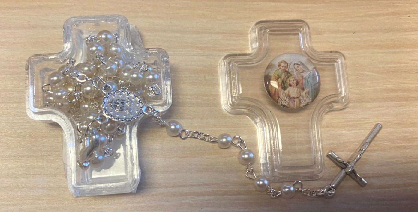 White Faux Pearl  Rosary 15" L , Necklace New from Jerusalem - Journeys of Faith