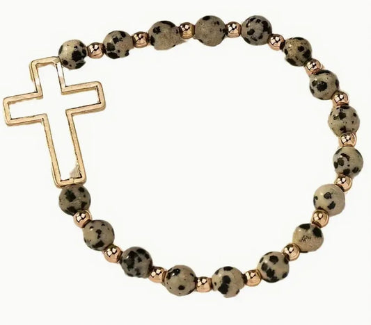 Natural Stone Beaded Bracelet, with Gold Cross, New #AB-386-R2