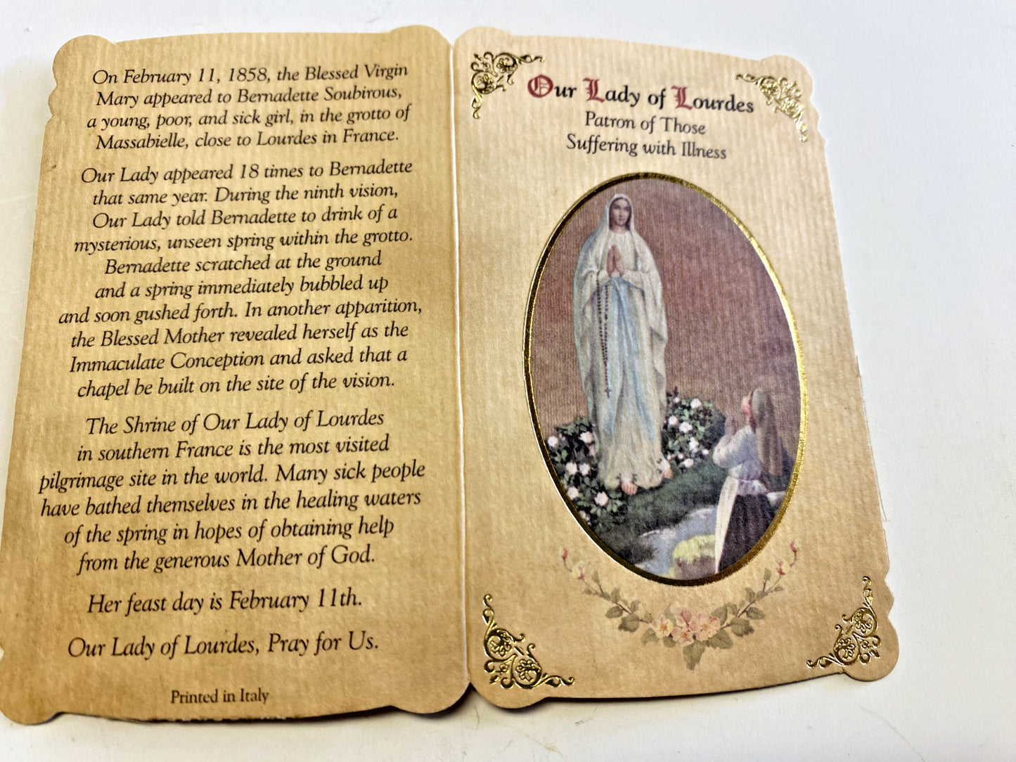 Our Lady of Lourdes "Suffering Illness Prayer" Card + Medal, New from Italy