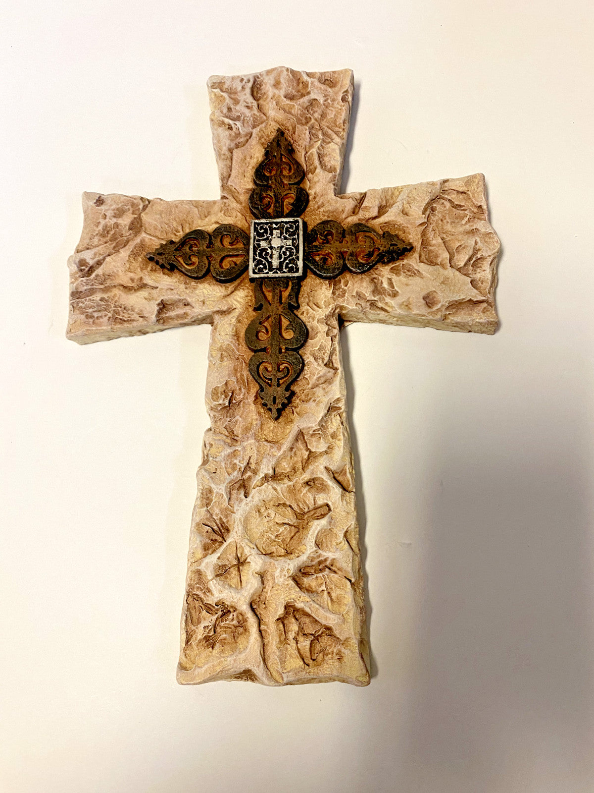 Indoor and outdoor cross collectible titled "3 Crosses" by Bob and Penny Lord, featuring three crosses in a detailed religious design.