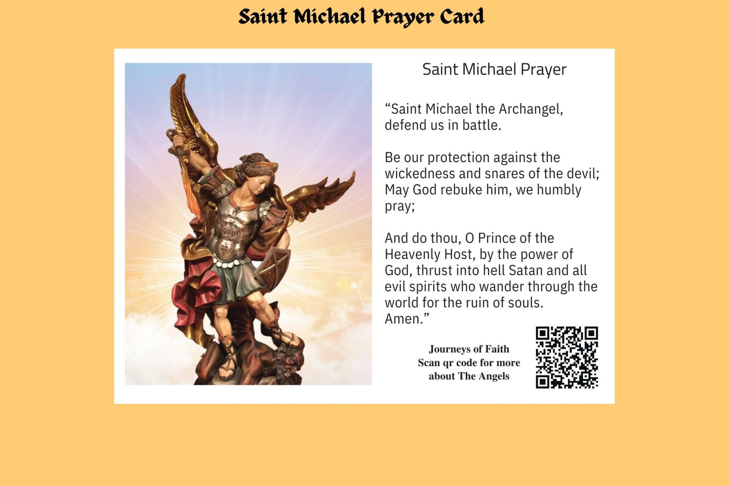Saint Michael Prayer Card featuring religious artwork, from Journeys of Faith's art prints collection, with detailed angel imagery.