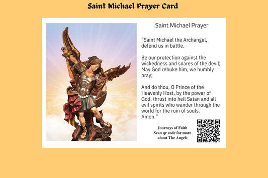 Saint Michael Prayer Card featuring religious artwork, from Journeys of Faith's art prints collection, with detailed angel imagery.