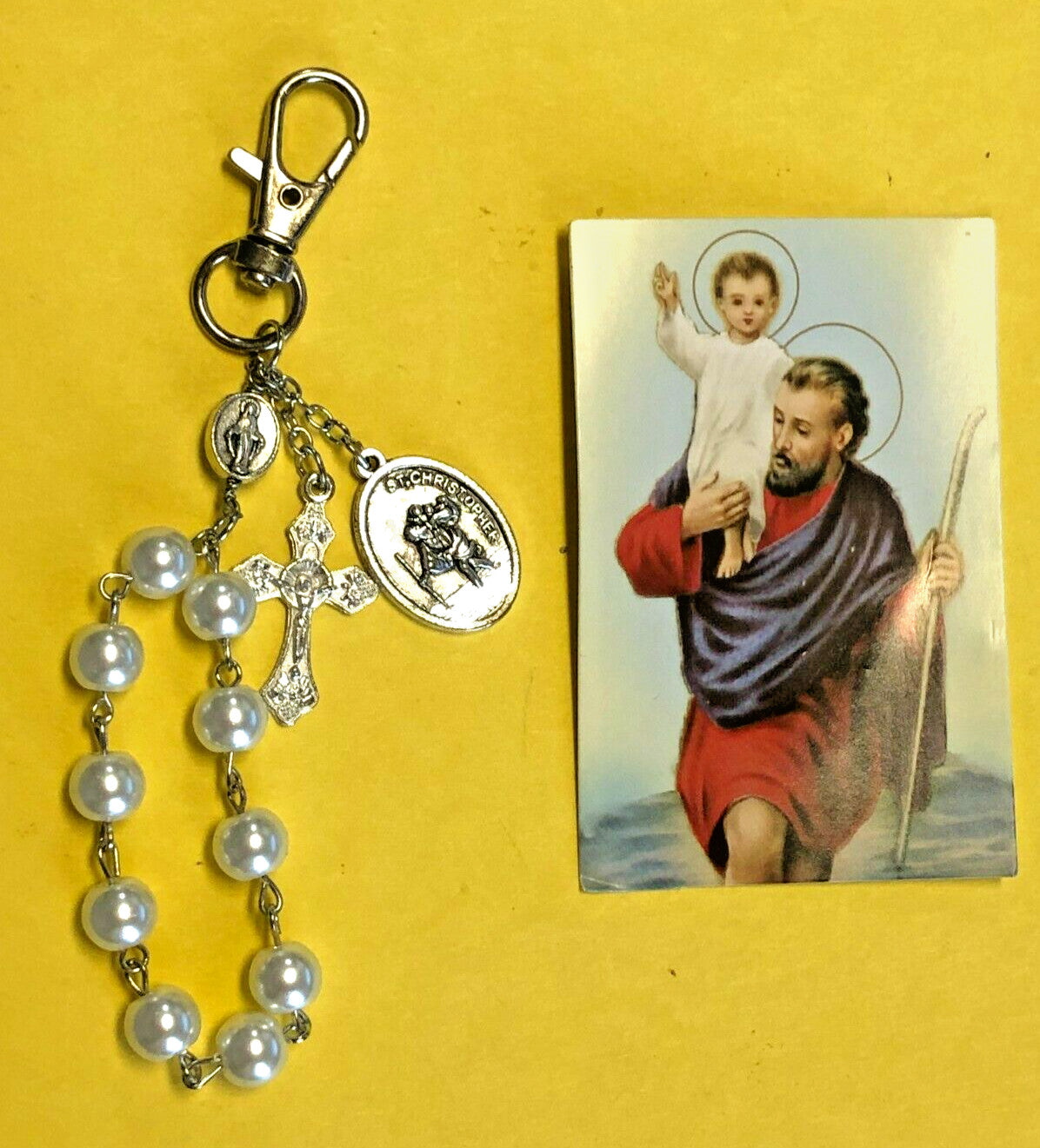 Saint Christopher Faux Pearls 1 decade Rosary Clip + Prayer Card, New ,#MD-047 - Journeys of Faith