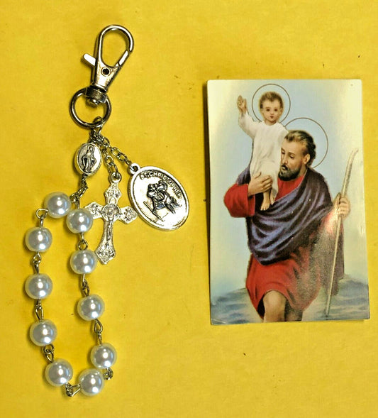Saint Christopher Faux Pearls 1 decade Rosary Clip + Prayer Card, New ,#MD-047 - Journeys of Faith