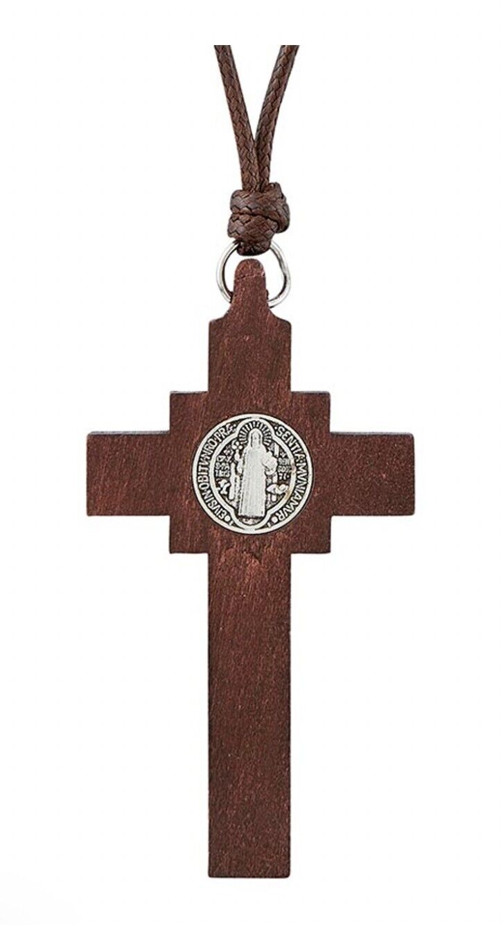 Saint Benedict Wood 2.5" Crucifix on Cord Necklace, New #MD-073