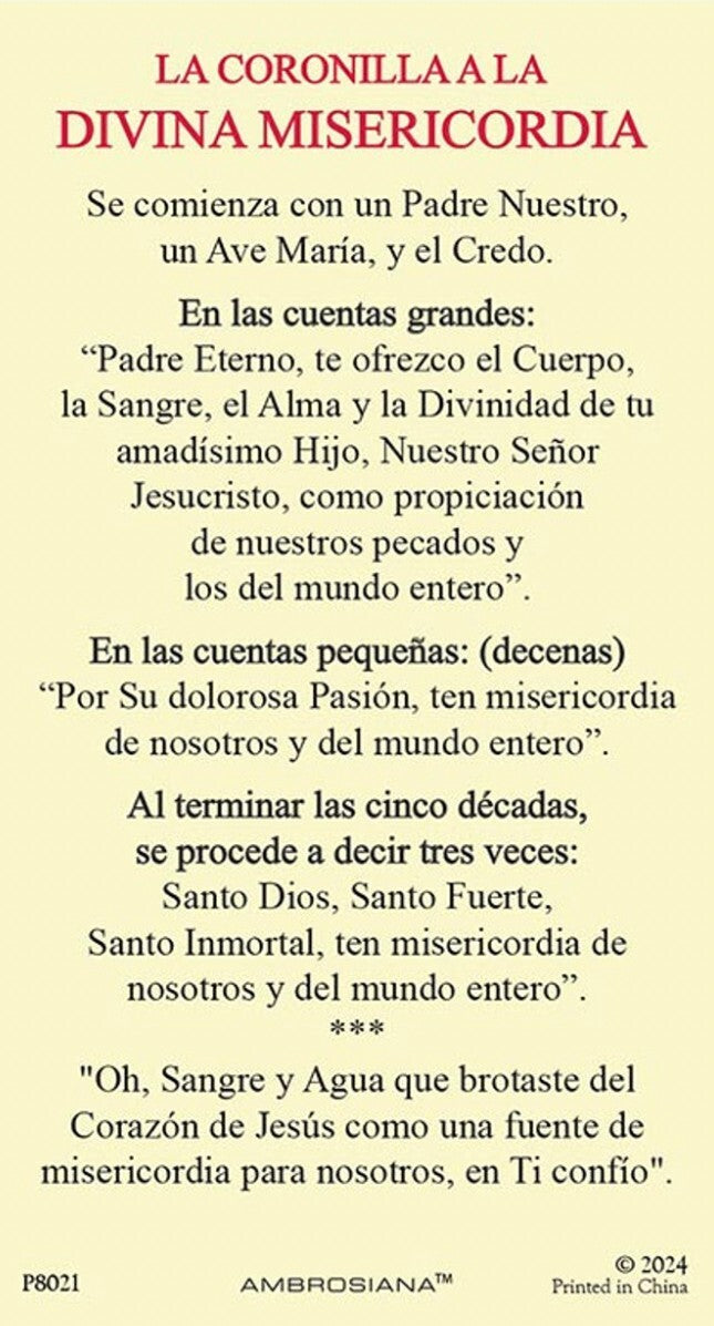 Laminated Holy Card of Las Coronillas a la Divina Misericordia, Spanish, from Bob and Penny Lord Journeys of Faith collection.