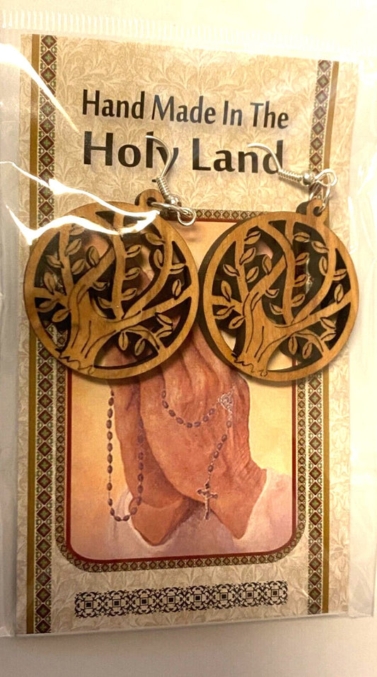 Olive wood tree round 2-inch hanging earrings with natural wood grain, lightweight jewelry perfect for everyday wear.