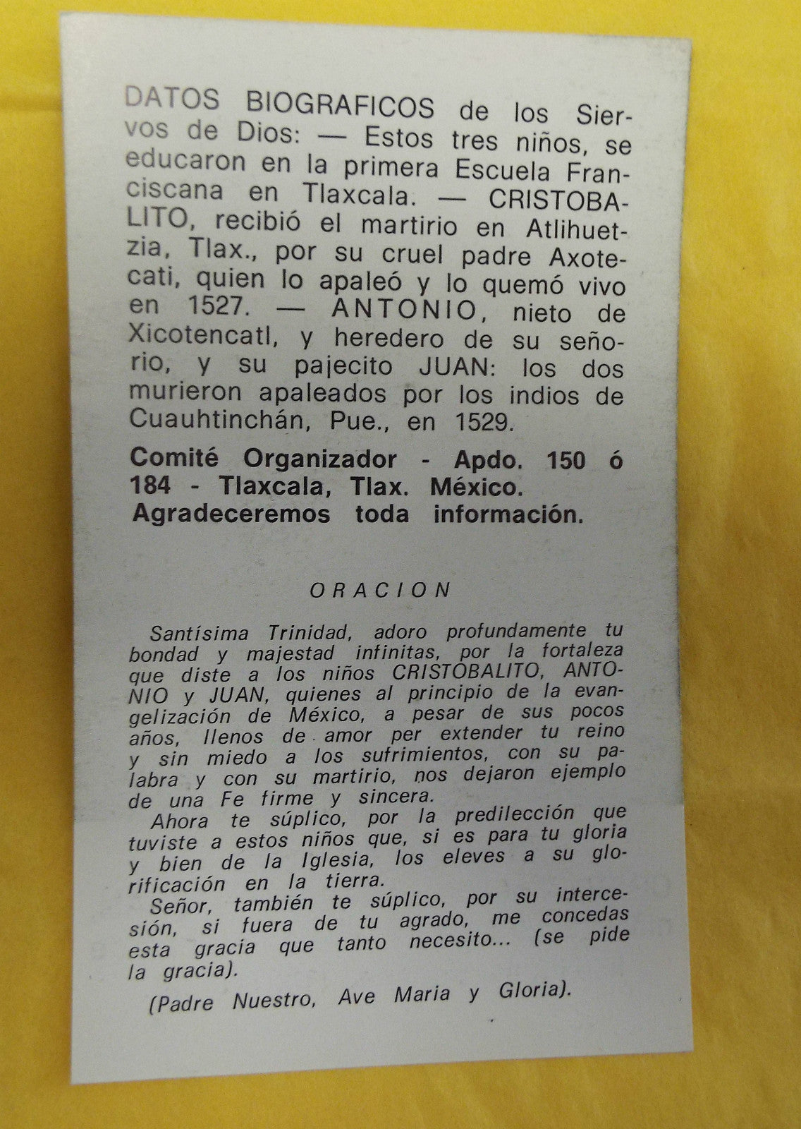 Cristobalito Antonio & Juan prayer card from Bob and Penny Lord, depicting saints on a Christian holy card in Spanish.